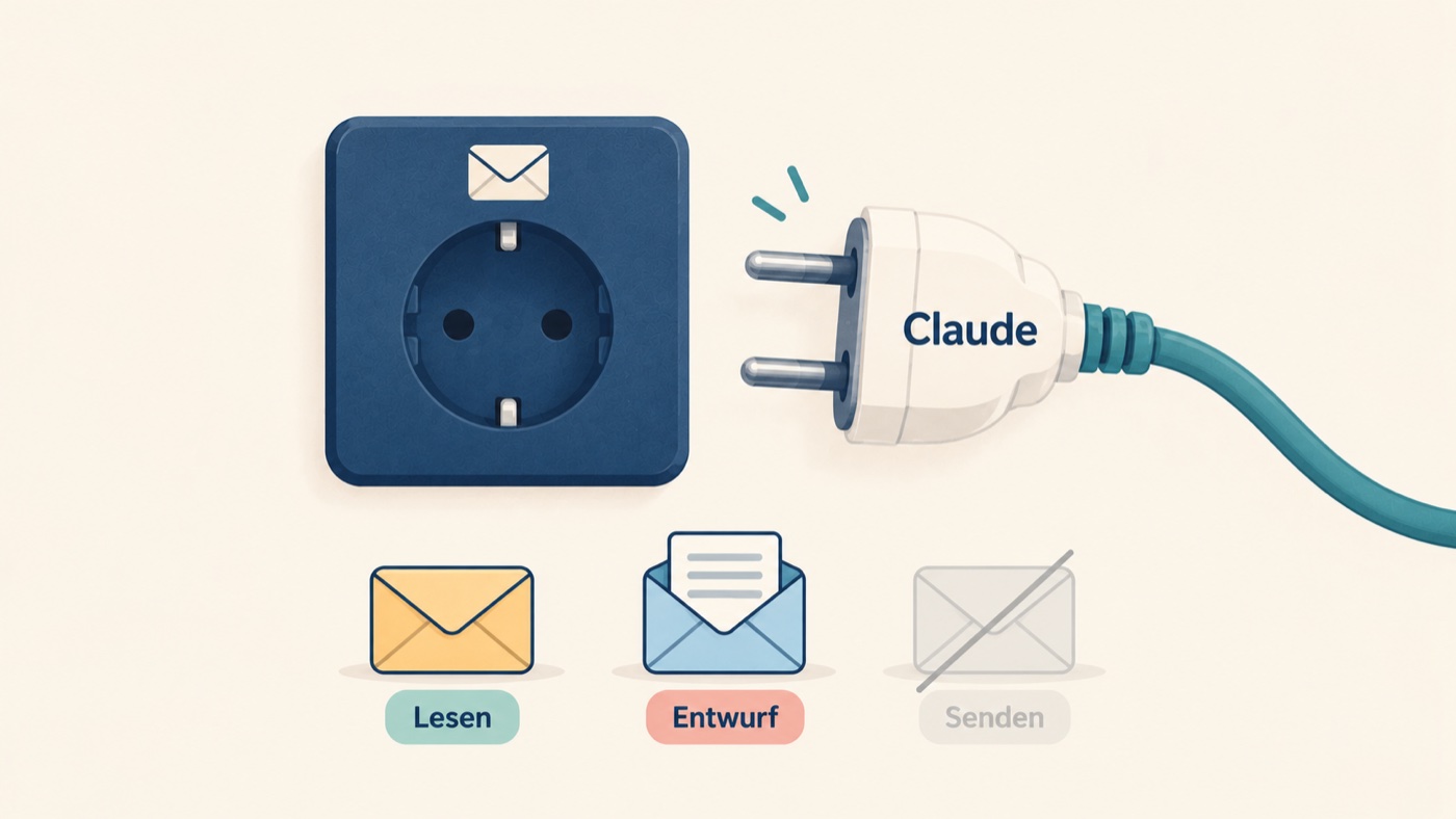 Eine Steckdose mit Briefumschlag-Symbol und ein Stecker mit der Aufschrift Claude. Darunter drei Umschläge: Lesen und Entwurf sind freigegeben, Senden ist ausgegraut.