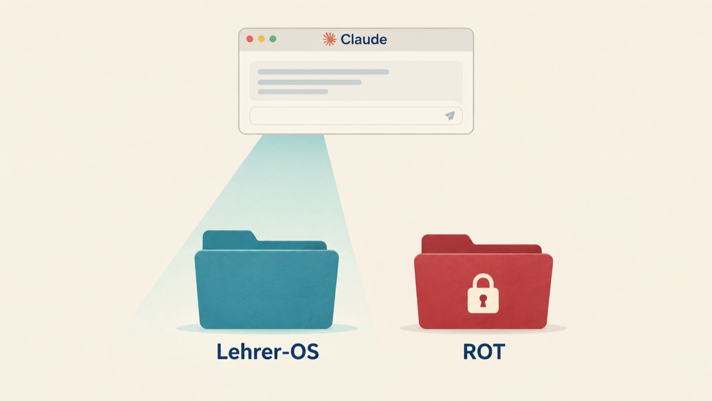 Ein Programmfenster mit dem Namen Claude wirft einen Lichtkegel auf den petrolfarbenen Ordner Lehrer-OS. Der rote Ordner ROT mit Schloss steht daneben im Schatten.