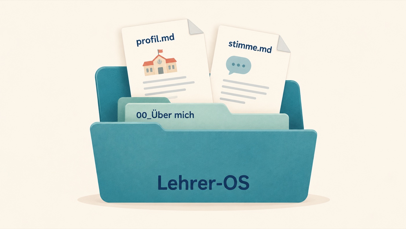 Ein offener Ordner Lehrer-OS, darin der Unterordner 00_Über mich mit zwei Blättern: profil.md und stimme.md.