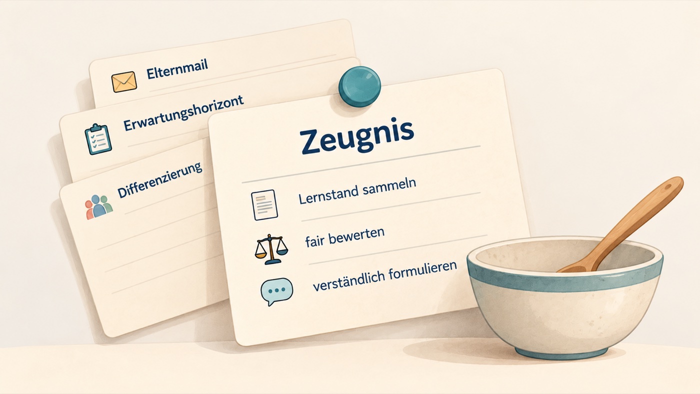 Rezeptkarten mit den Titeln Zeugnis, Elternmail, Erwartungshorizont und Differenzierung, daneben eine Rührschüssel mit Holzlöffel.