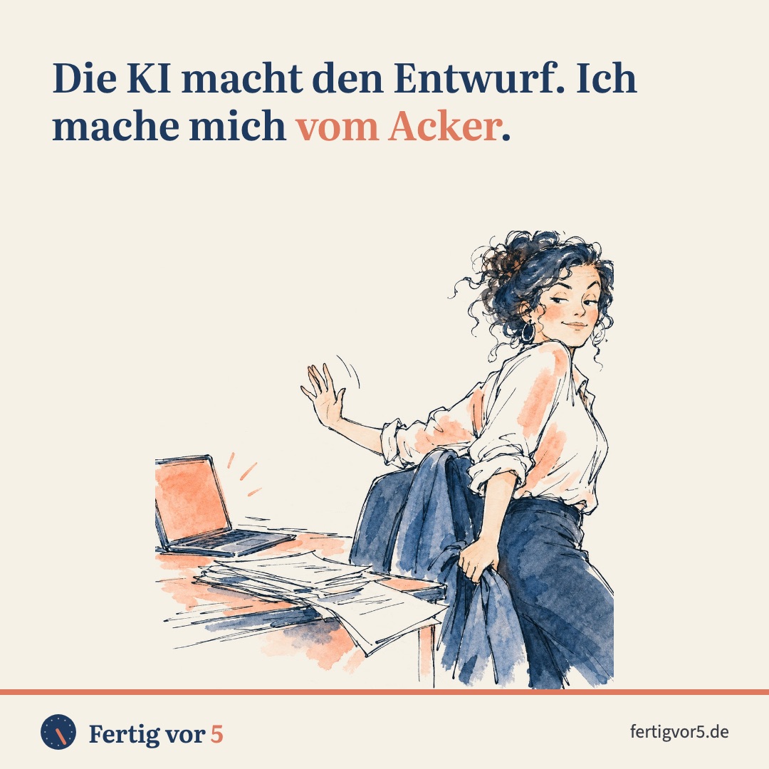 Postkarte: Die KI macht den Entwurf. Ich mache mich vom Acker. Zeichnung: Abgang, winken.