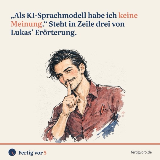 Postkarte: „Als KI-Sprachmodell habe ich keine Meinung.“ Steht in Zeile drei von Lukas’ Erörterung. Zeichnung: Psst.