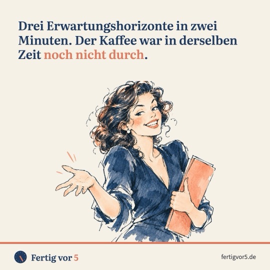 Postkarte: Drei Erwartungshorizonte in zwei Minuten. Der Kaffee war in derselben Zeit noch nicht durch. Zeichnung: Ta-da mit Ordner.