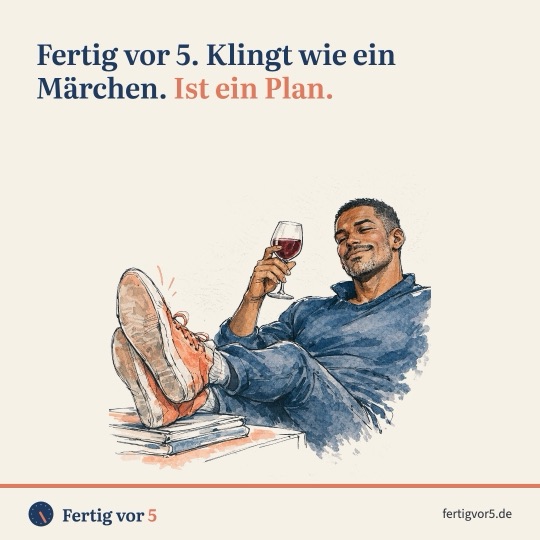 Postkarte: Fertig vor 5. Klingt wie ein Märchen. Ist ein Plan. Zeichnung: Rotwein, Feierabend.