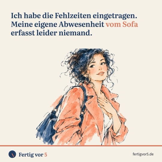 Postkarte: Ich habe die Fehlzeiten eingetragen. Meine eigene Abwesenheit vom Sofa erfasst leider niemand. Zeichnung: Sehnsucht, Hand aufs Herz.