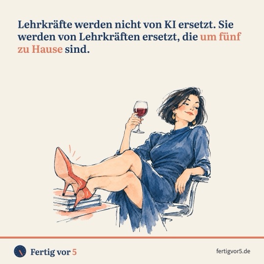Postkarte: Lehrkräfte werden nicht von KI ersetzt. Sie werden von Lehrkräften ersetzt, die um fünf zu Hause sind. Zeichnung: Rotwein, Feierabend.