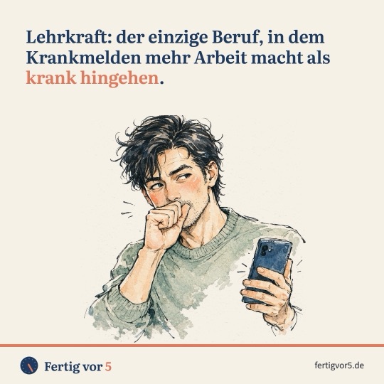 Postkarte: Lehrkraft: der einzige Beruf, in dem Krankmelden mehr Arbeit macht als krank hingehen. Zeichnung: Husten vortäuschen.