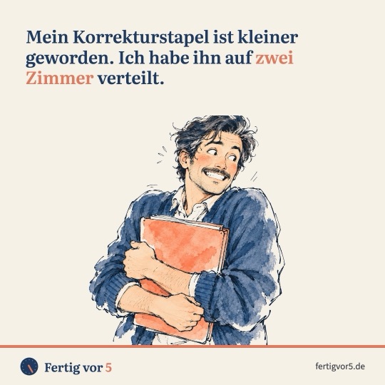 Postkarte: Mein Korrekturstapel ist kleiner geworden. Ich habe ihn auf zwei Zimmer verteilt. Zeichnung: Ordner, Zähne zusammen.