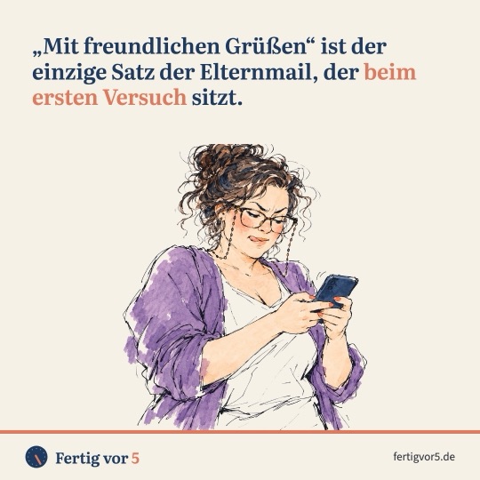 Postkarte: „Mit freundlichen Grüßen“ ist der einzige Satz der Elternmail, der beim ersten Versuch sitzt. Zeichnung: Tippen mit Grimasse.