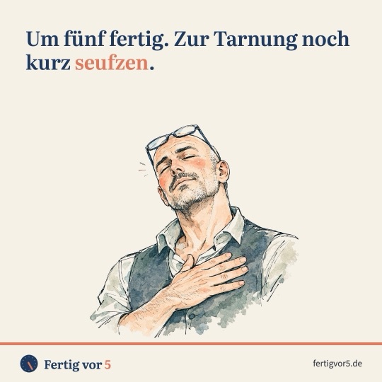 Postkarte: Um fünf fertig. Zur Tarnung noch kurz seufzen. Zeichnung: Theatralisches Seufzen.