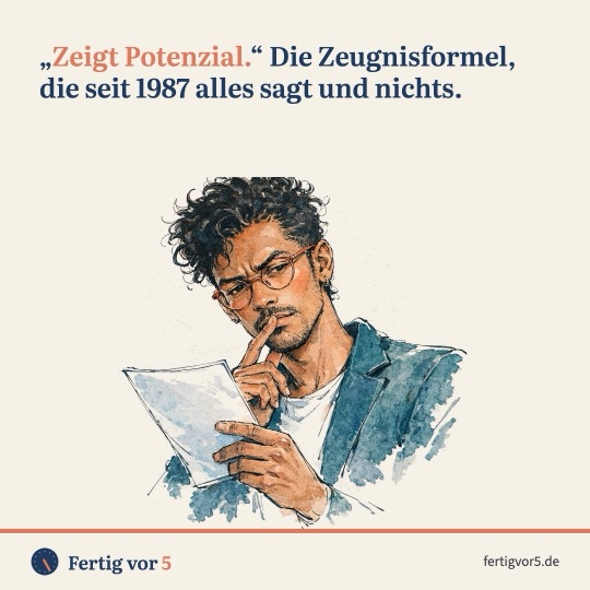 Postkarte: „Zeigt Potenzial.“ Die Zeugnisformel, die seit 1987 alles sagt und nichts. Zeichnung: Finger an den Lippen, grübelnd.