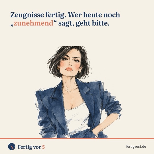 Postkarte: Zeugnisse fertig. Wer heute noch „zunehmend“ sagt, geht bitte. Zeichnung: Genervt, trockener Blick.