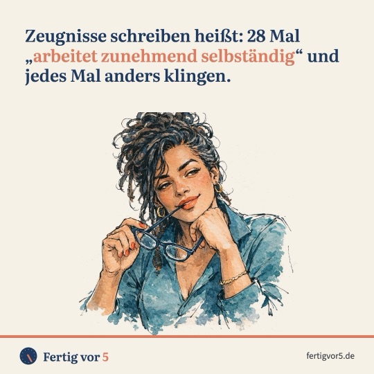 Postkarte: Zeugnisse schreiben heißt: 28 Mal „arbeitet zunehmend selbständig“ und jedes Mal anders klingen. Zeichnung: Brille, wissendes Lächeln.