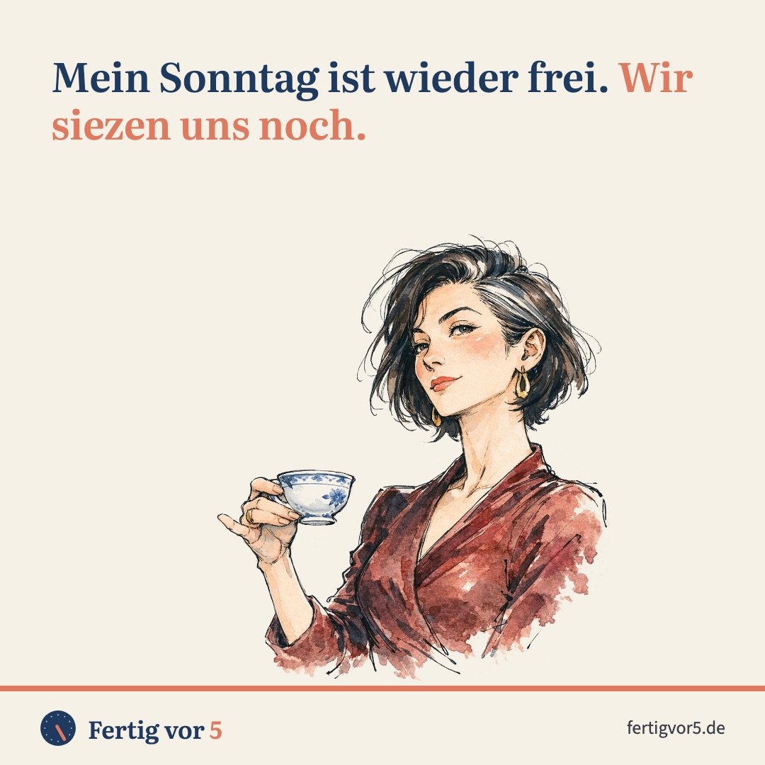 Postkarte: Mein Sonntag ist wieder frei. Wir siezen uns noch. Zeichnung: Formelles Nicken mit Tasse.