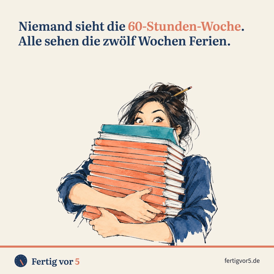 Postkarte: Niemand sieht die 60-Stunden-Woche. Alle sehen die zwölf Wochen Ferien. Zeichnung: Stapel bis zur Nase.