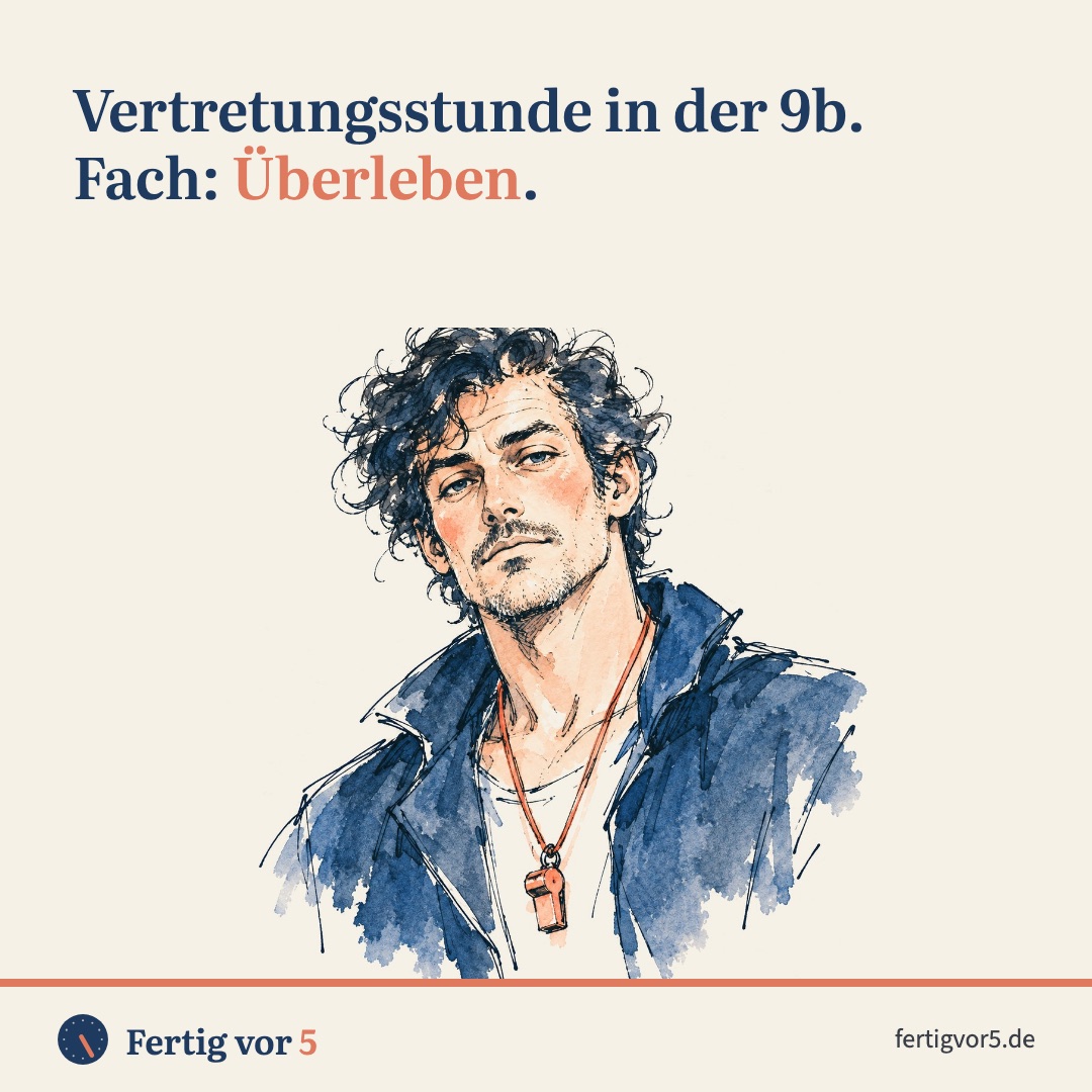Postkarte: Vertretungsstunde in der 9b. Fach: Überleben. Zeichnung: Pfeife, gefasst.